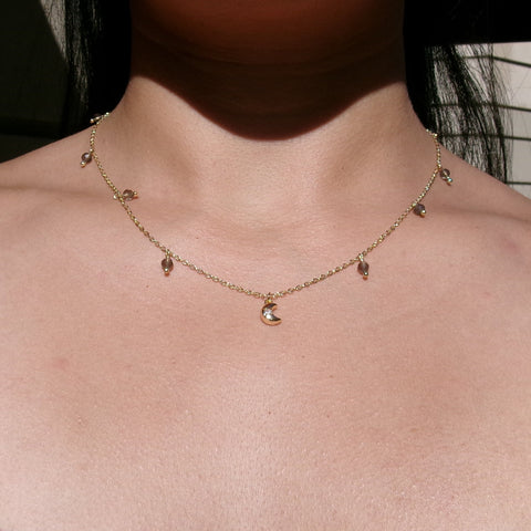 Smoky Quartz x Mini Moon Charm Necklace