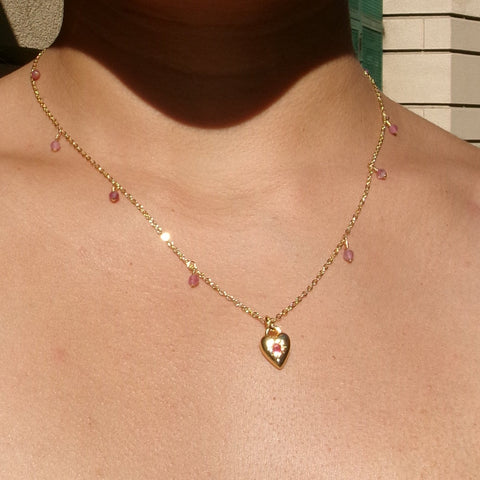 Pink Tourmaline x Heart Charm Necklace