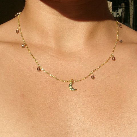 Smoky Quartz x Moon Charm Necklace