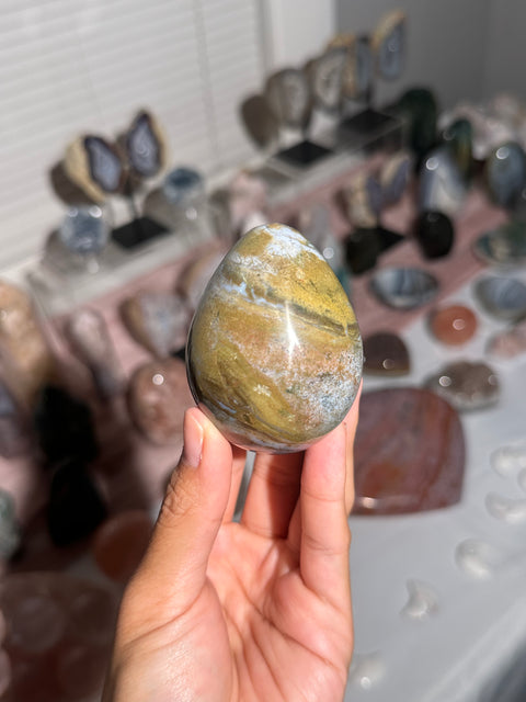 Olive Green Baby Blue Sea Jasper Egg - 25b