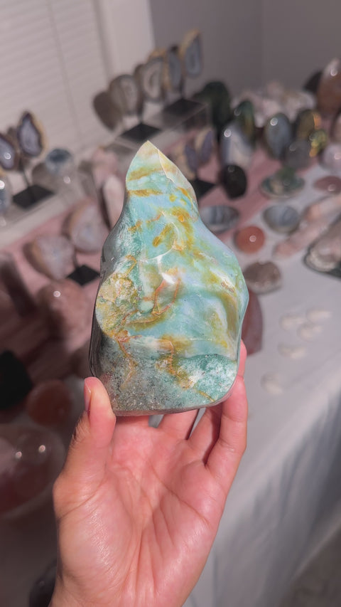 Colorful Teal and Green Sea Jasper Flame - 65
