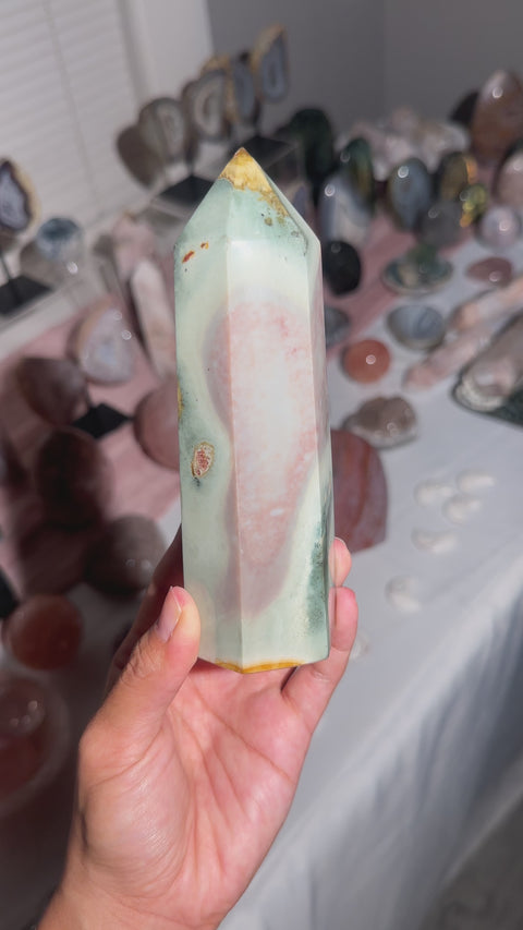 Minty Green + Mauve Polychrome Jasper Tower - 49