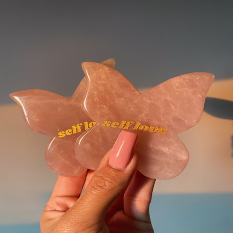Rose Quartz Butterfly Gua Sha with Self Love Gold Engraving