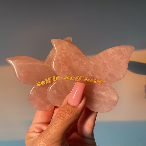 Rose Quartz Butterfly Gua Sha with Self Love Gold Engraving